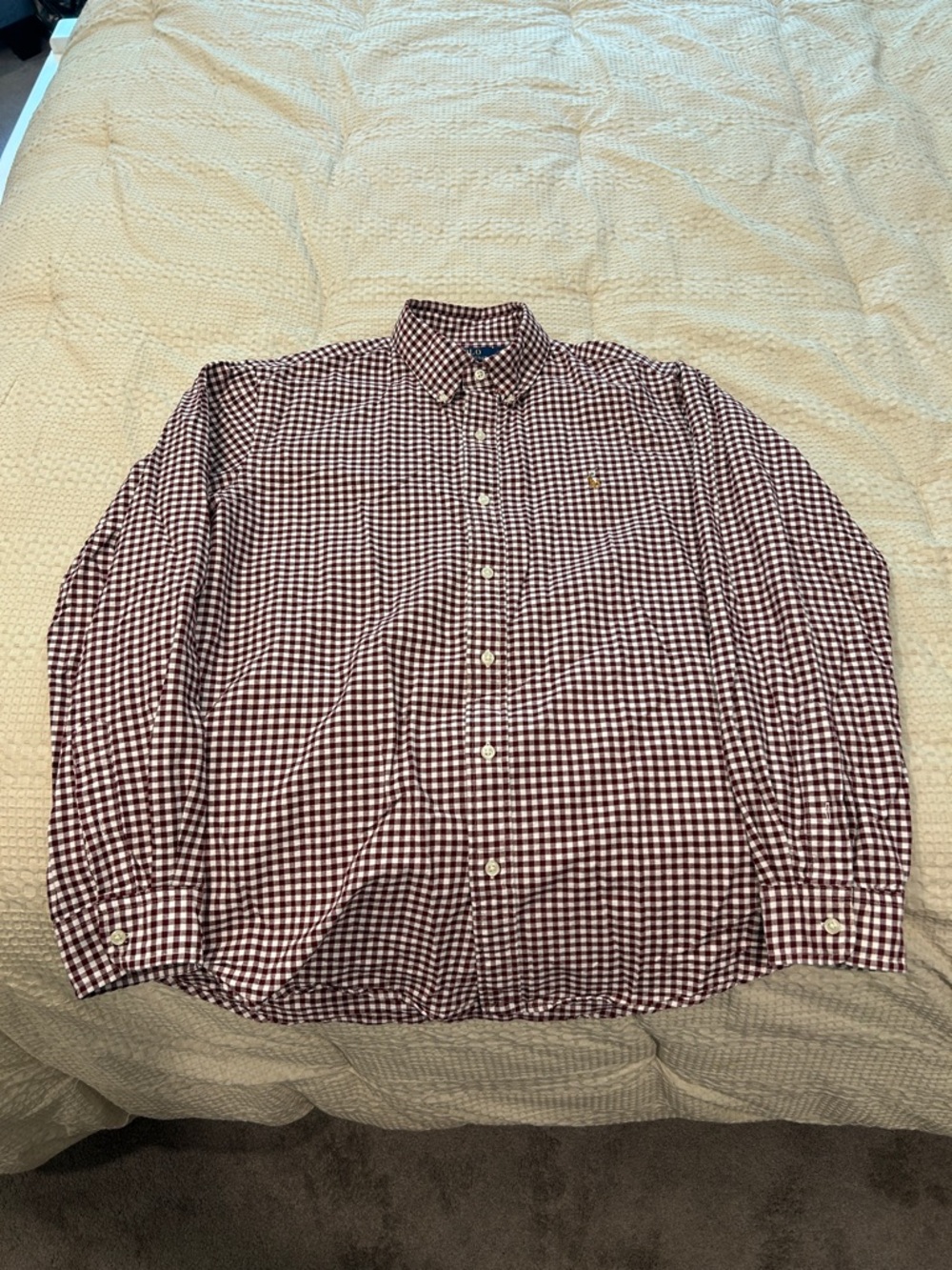 Ralph Lauren Burgundy and White Gingham Button-Down Shirt